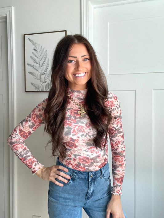 Pink Floral Mock Neck Mesh Top