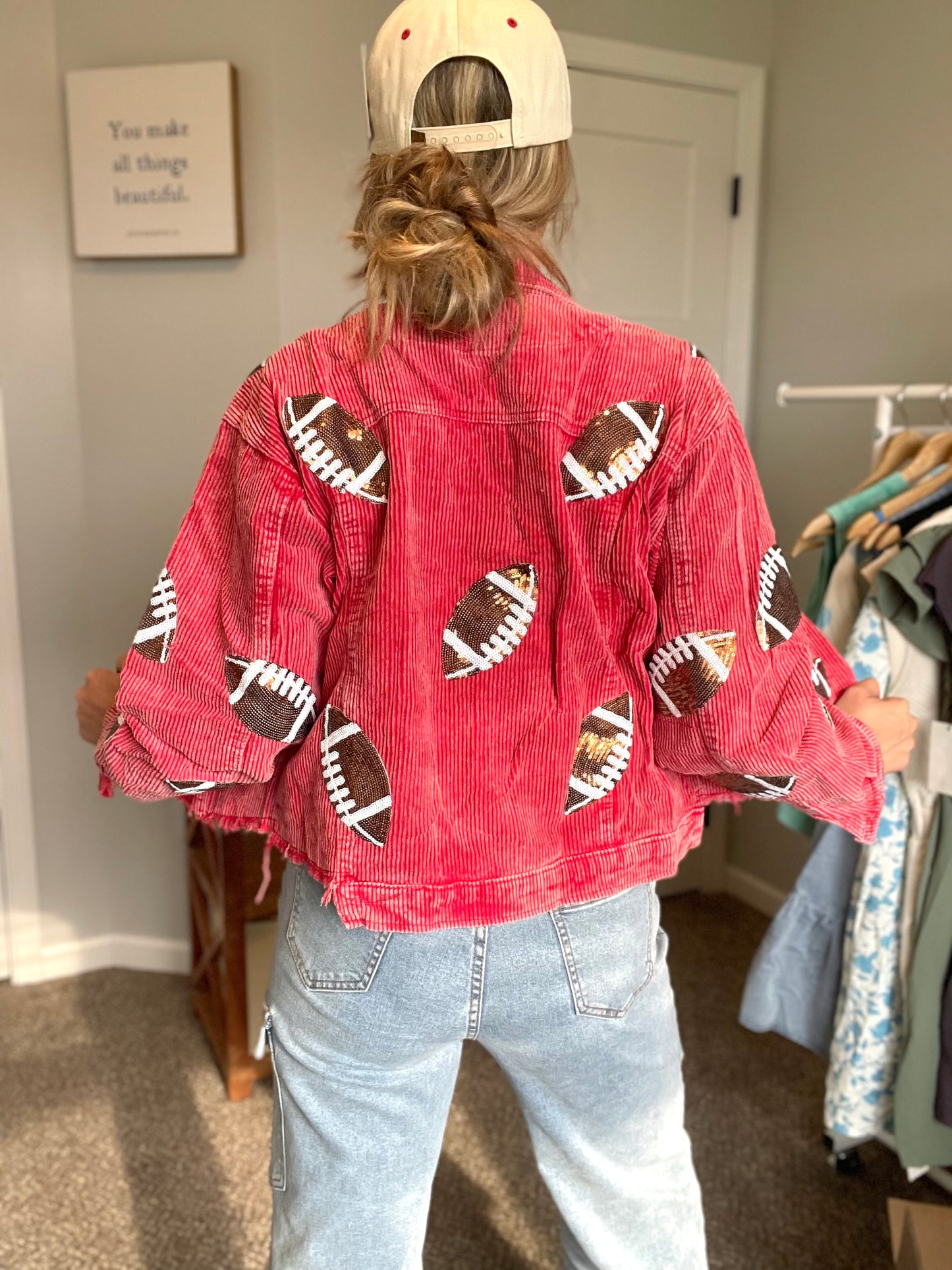 Red Corduroy Sequin Football Jacket