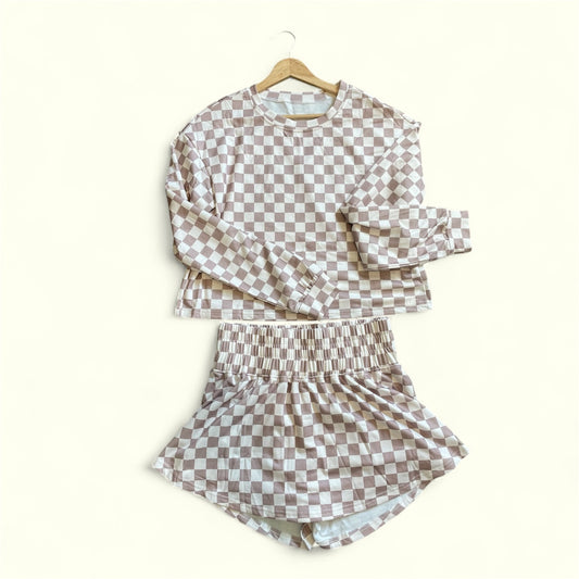 Checkered Long Sleeve Crop and Skort Set