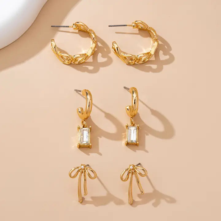 Bow, Stone, & Heart Earring Trio Set
