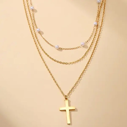 Multi-Layered 18k Stainless Steel Tarnish Free Gold Chain Cross Necklace