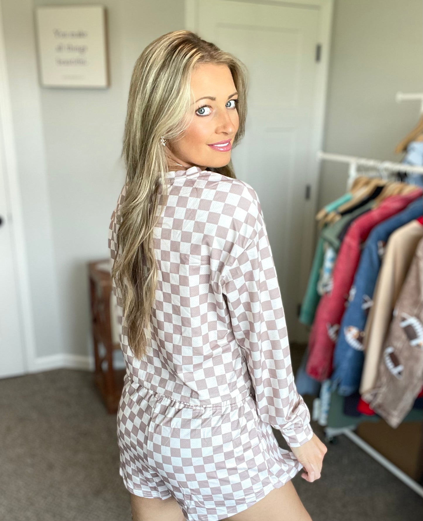 Checkered Long Sleeve Crop and Skort Set