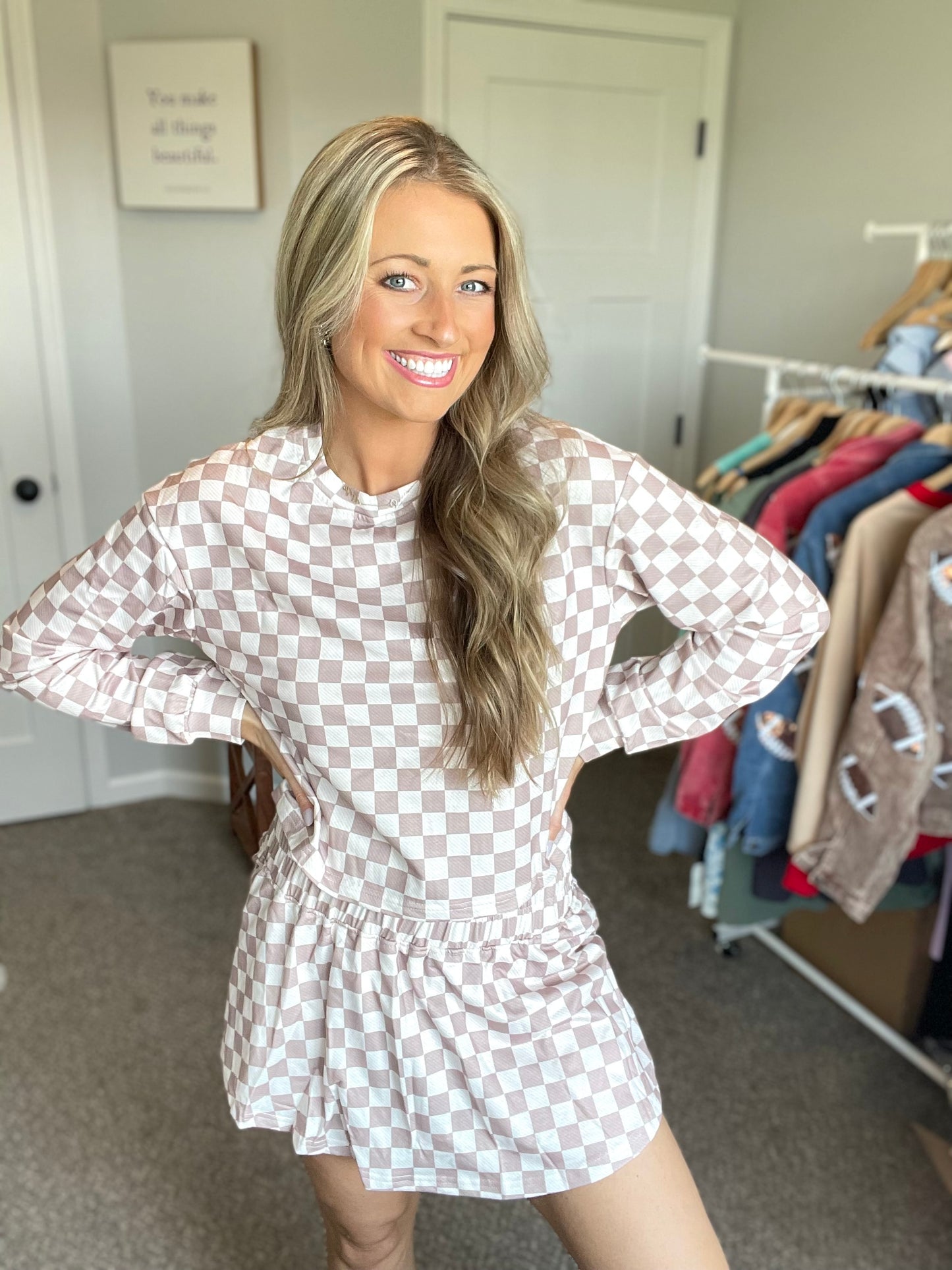 Checkered Long Sleeve Crop and Skort Set