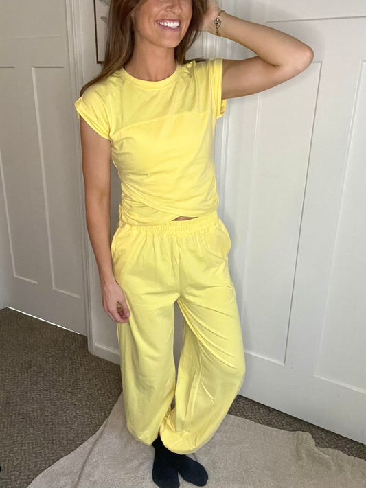 Yellow Cream Cropped Criss Cross Top & Jogger Pant Set