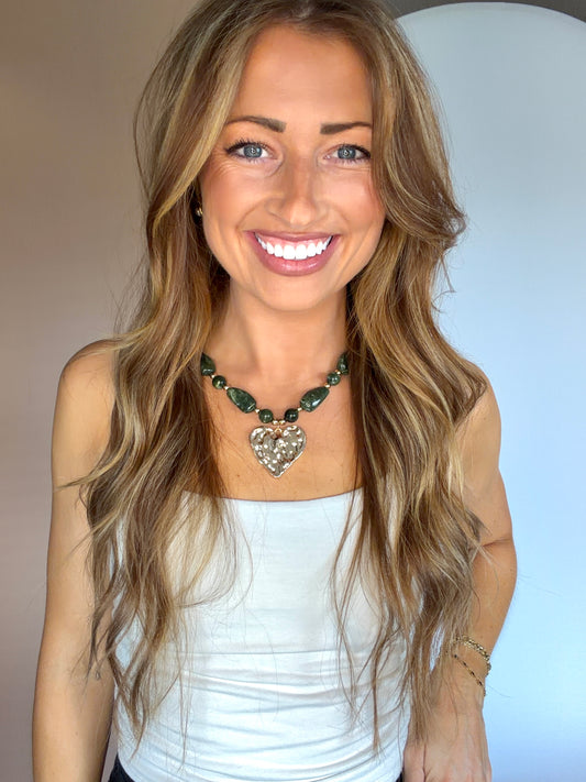 Hammered Heart Pendant Green Beaded Necklace