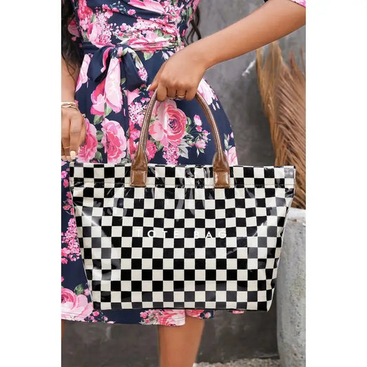 Checkered Glossy Pu Leather Tote Bag