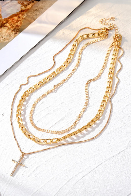Gold Plated Cross Pendant Multi-Layer Stacked Chains Necklace