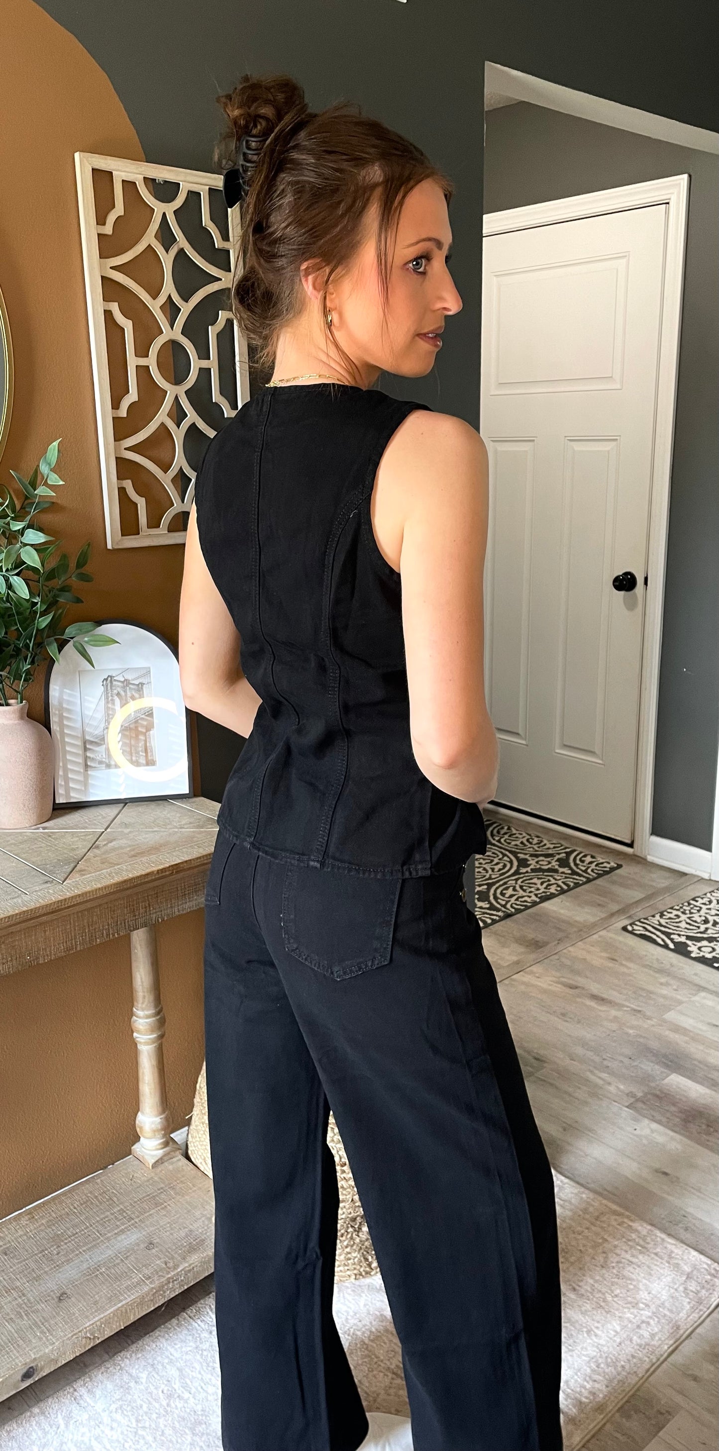 Black Denim Sleeveless Vest & Wide Leg Jeans Set