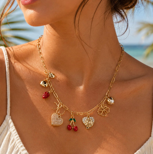Multi Charm Cherry Bow Heart Necklace
