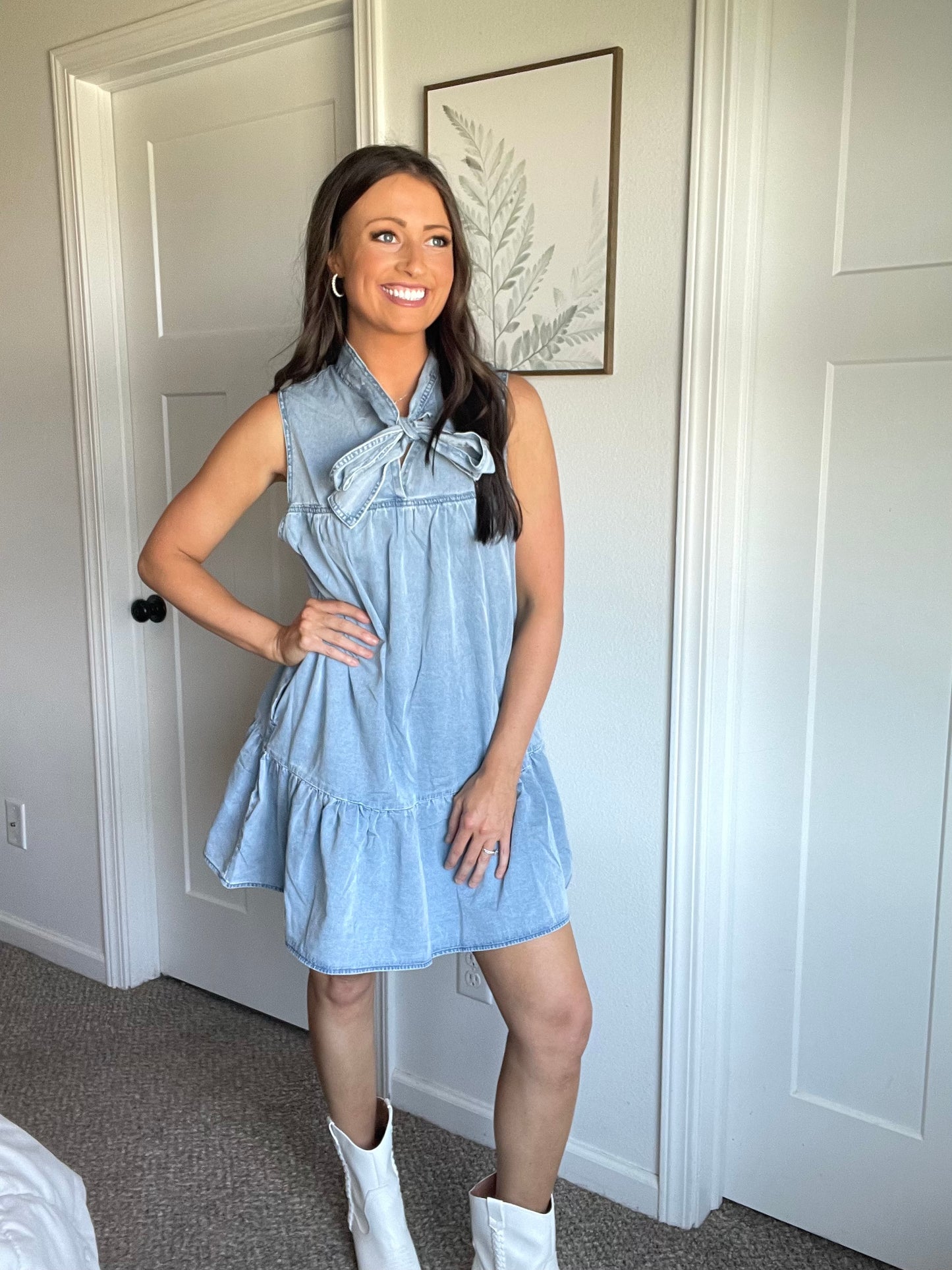 Bowknot Neck Ruffled Sleeveless Chambray Dress