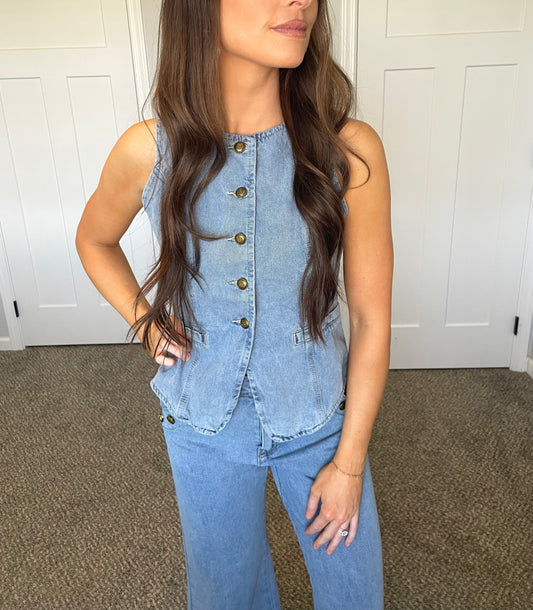 Women's Denim Sleeveless Vest & Wide Leg Jean Set
