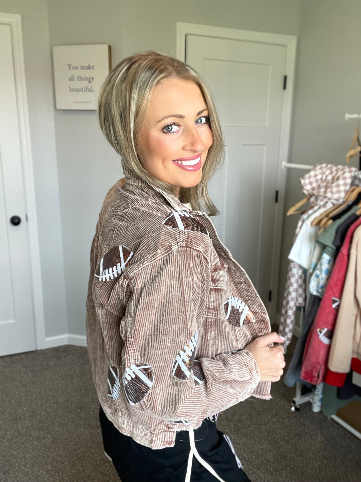 Brown Corduroy Sequin Football Jacket