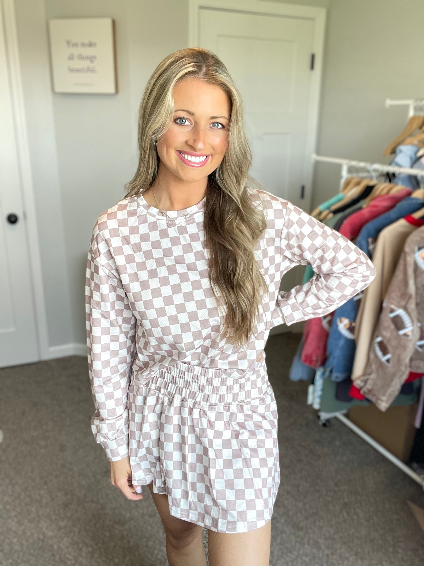 Checkered Long Sleeve Crop and Skort Set