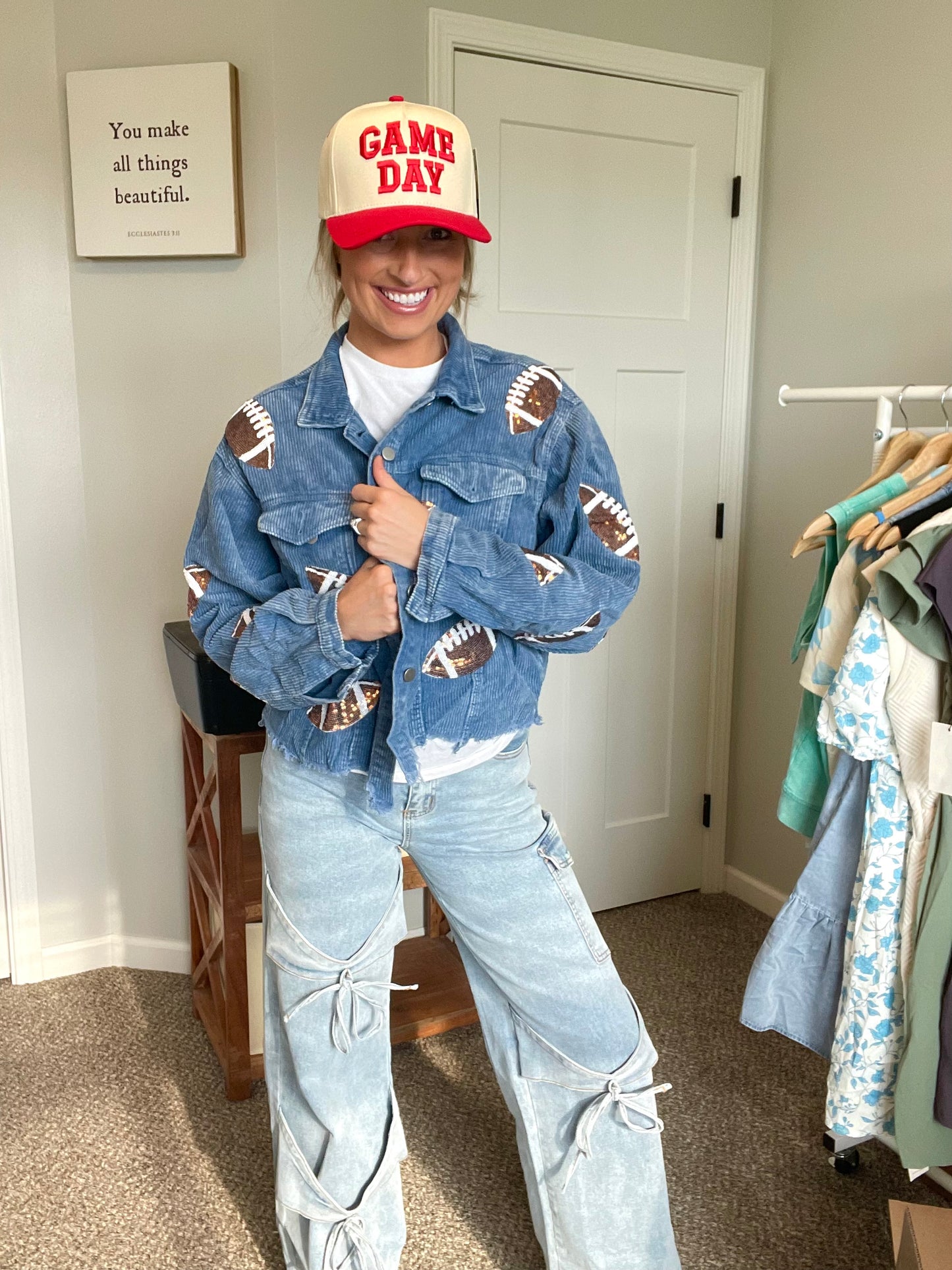 Blue Corduroy Sequin Football Jacket