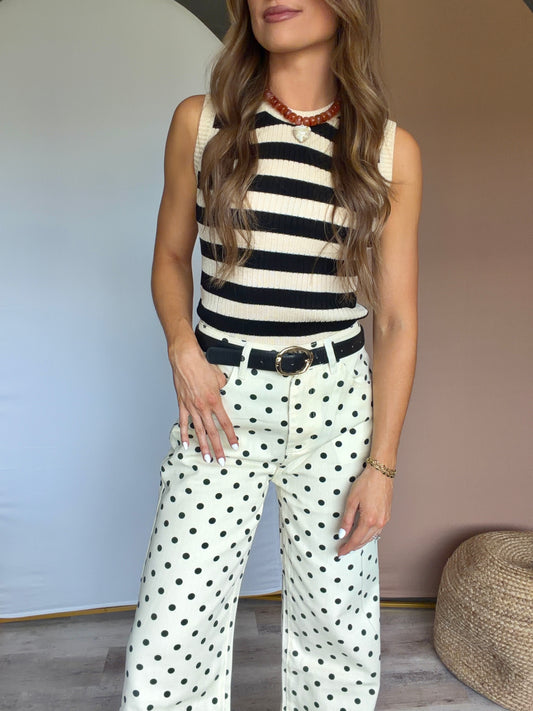 Beige Polka Dot Wide Leg Jeans
