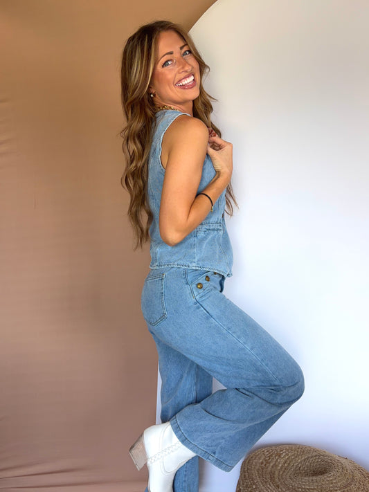 Women's Denim Sleeveless Vest & Wide Leg Jean Set
