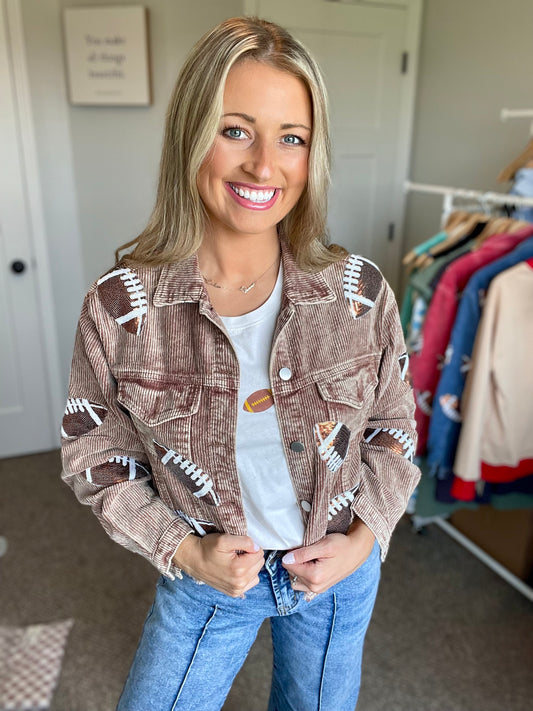 Brown Corduroy Sequin Football Jacket