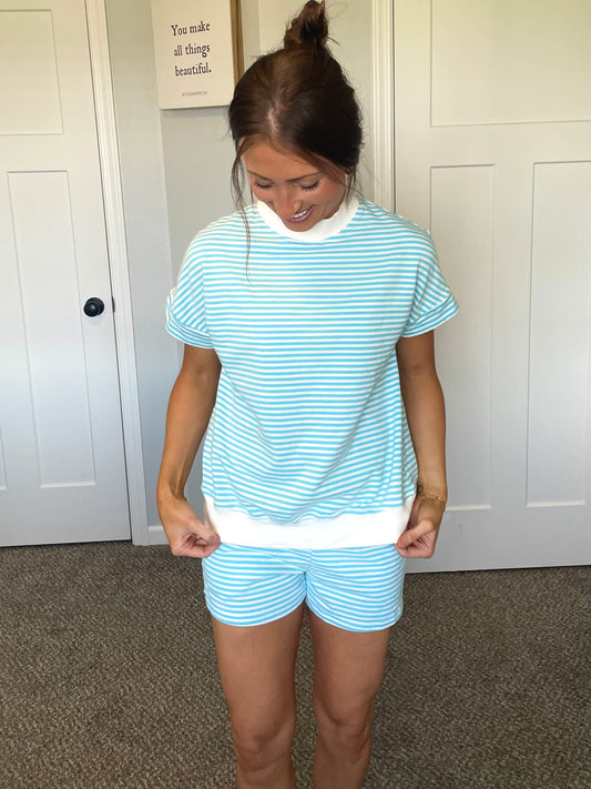Oversized Striped Mock Neck Sweatshirt and Shorts Set