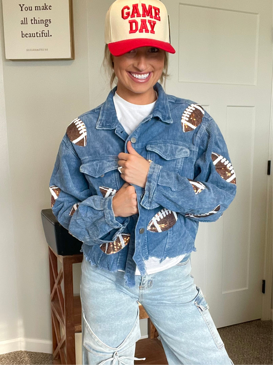 Blue Corduroy Sequin Football Jacket
