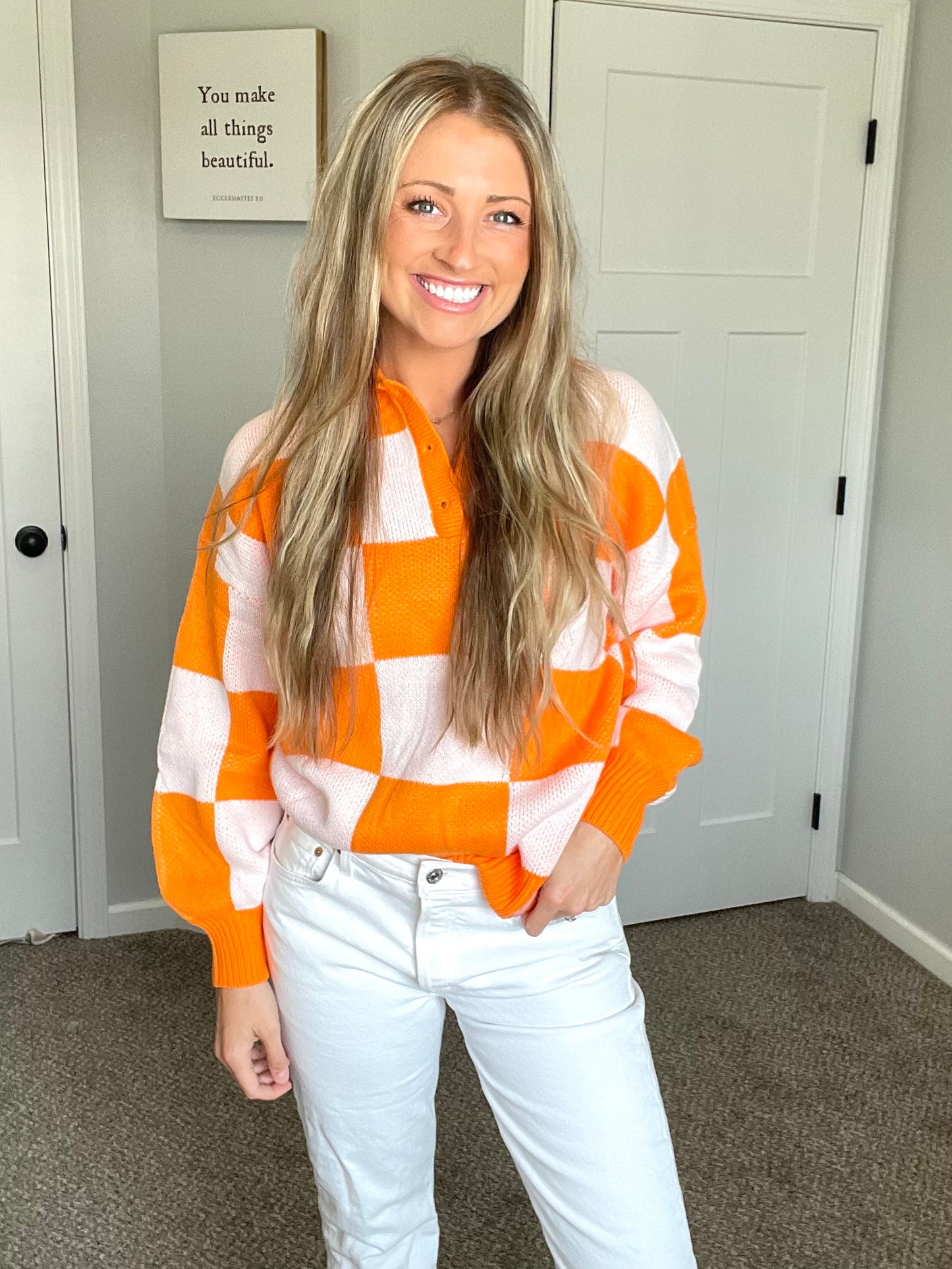 Checkered V Neck Pullover Sweater