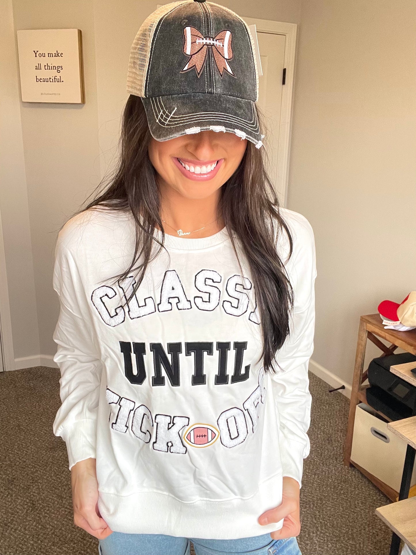 Classy Until Kickoff Letter Patched Football Sweatshirt