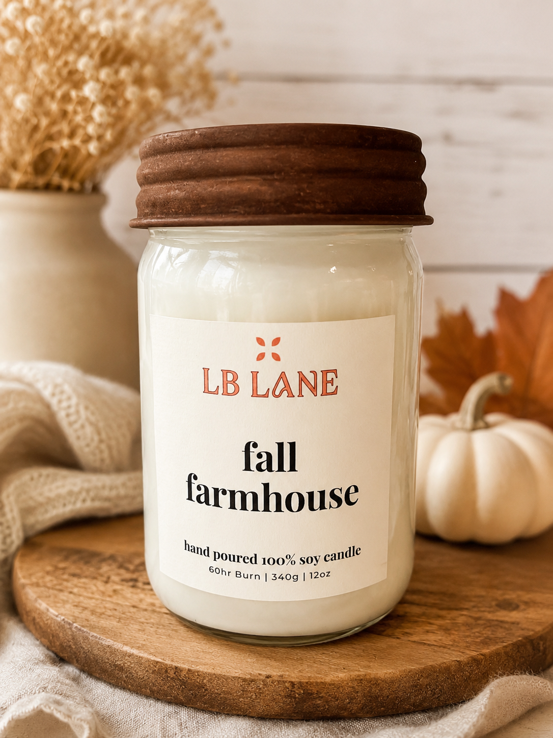 Fall Farmhouse 12oz 100% Soy Wax Cotton Wick Candle