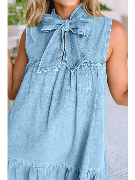 Bowknot Neck Ruffled Sleeveless Chambray Dress