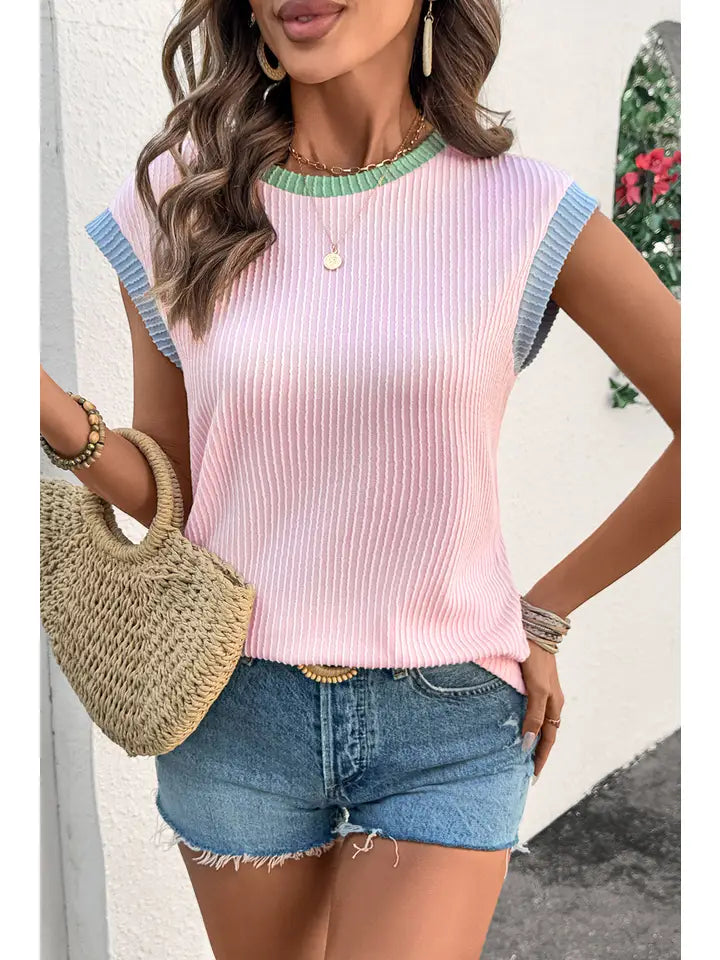 Color Block Corded Knit Crew Neck Tee