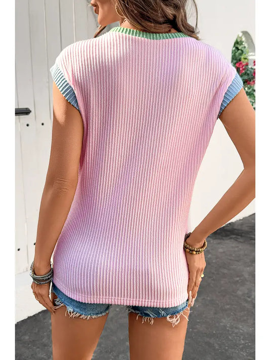 Color Block Corded Knit Crew Neck Tee