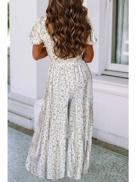 Floral Smocked Wide Leg Short Puff Sleeve Jumpsuit