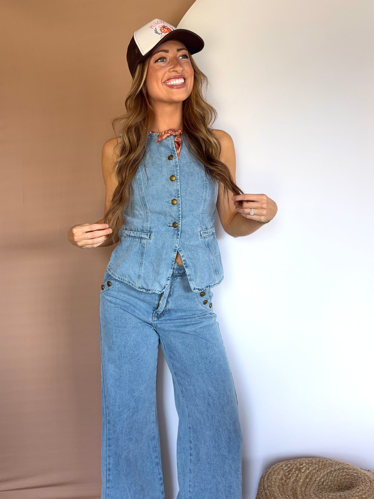 Women's Denim Sleeveless Vest & Wide Leg Jean Set