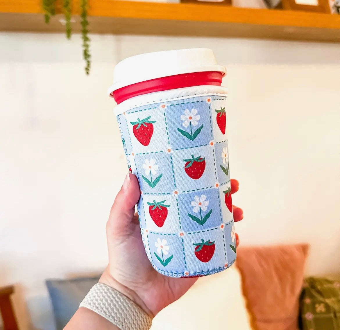 Blue Strawberry & Floral Iced Coffee Sleeve