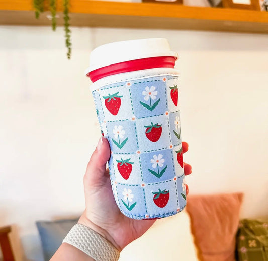 Blue Strawberry & Floral Iced Coffee Sleeve