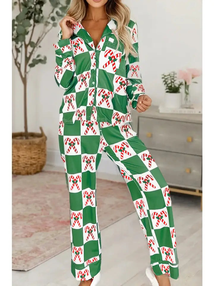 Holly Jolly Green Checkered Christmas Two-Piece Pajama Set