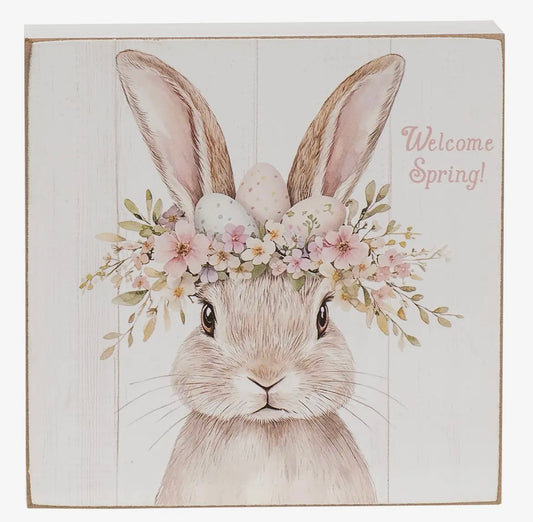 Welcome Spring Bunny Wood Block Sign