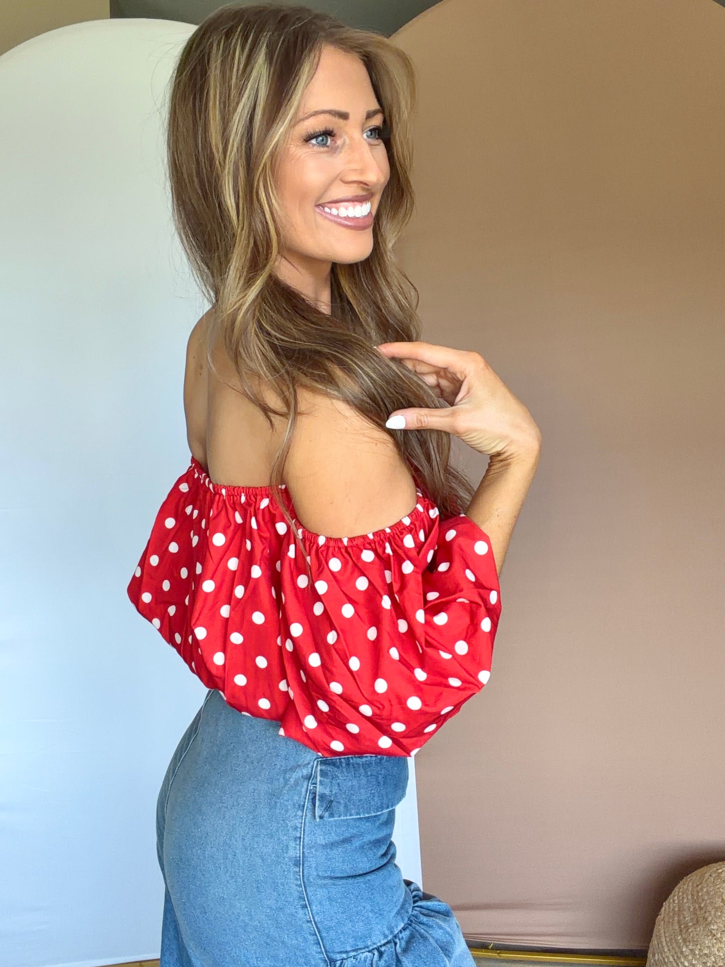 Red Off-Shoulder Polka Dot Top