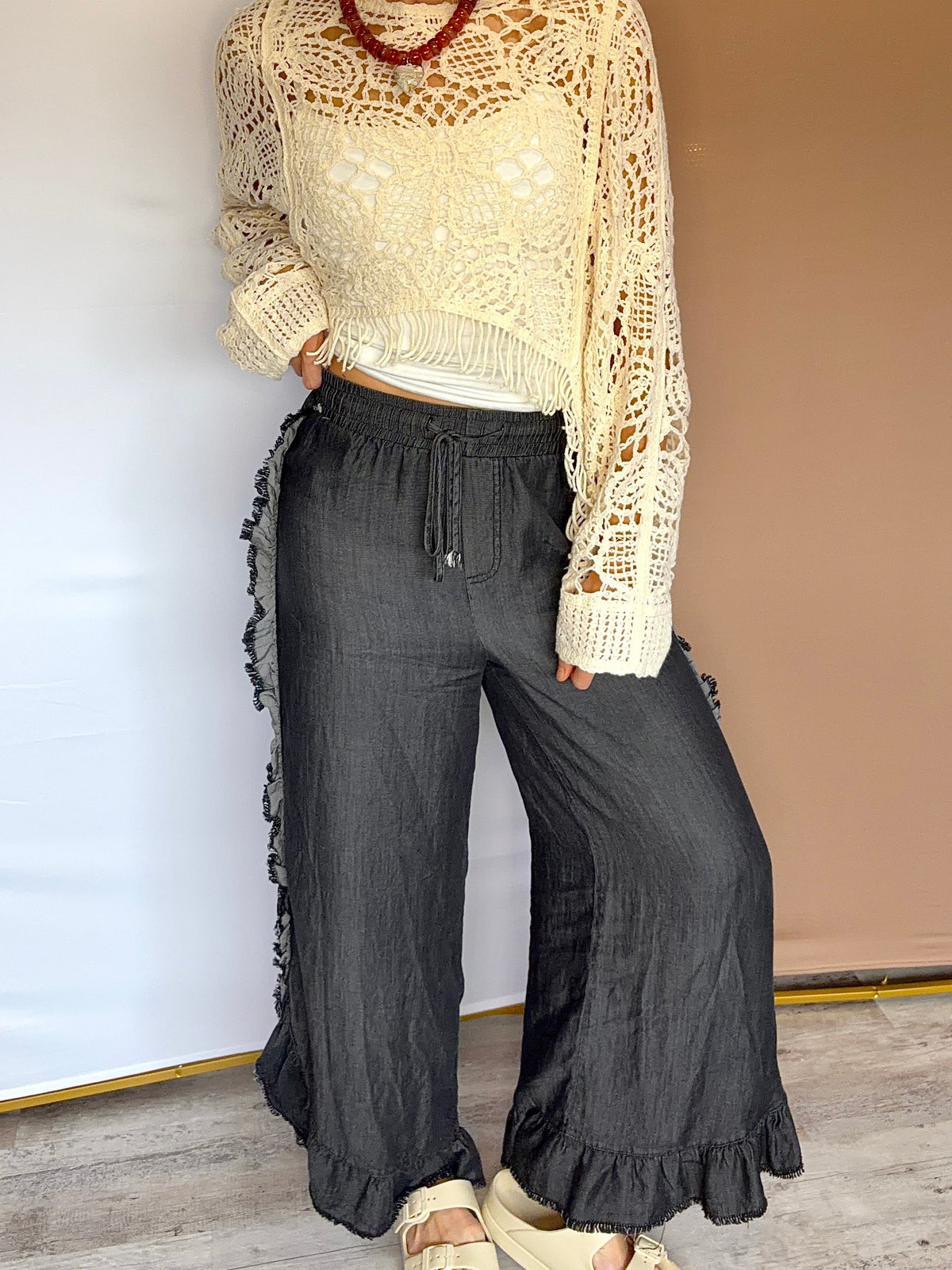 Ruffled Wide Leg Casual Pants