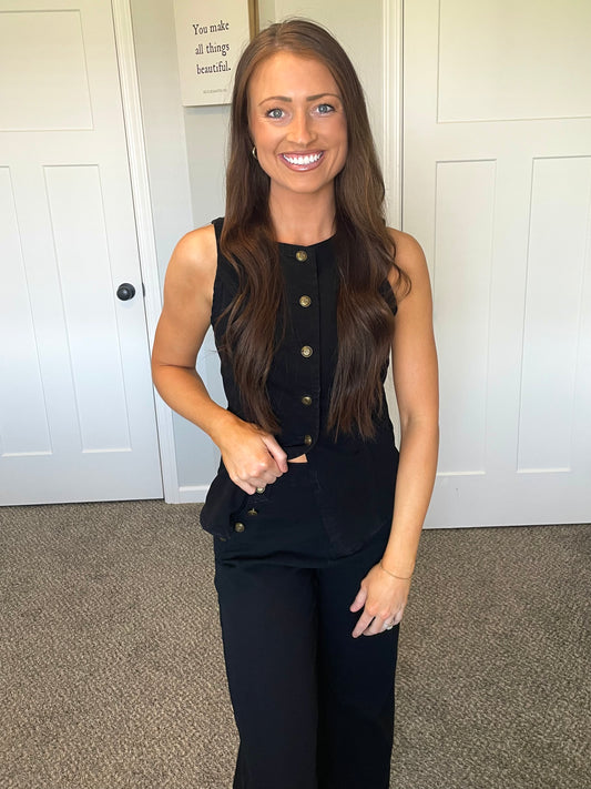 Black Denim Sleeveless Vest & Wide Leg Jeans Set