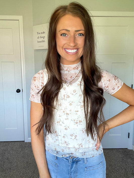 Floral Mock Neck Short Sleeve Mesh Top