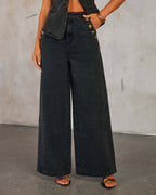 Black Denim Sleeveless Vest & Wide Leg Jeans Set