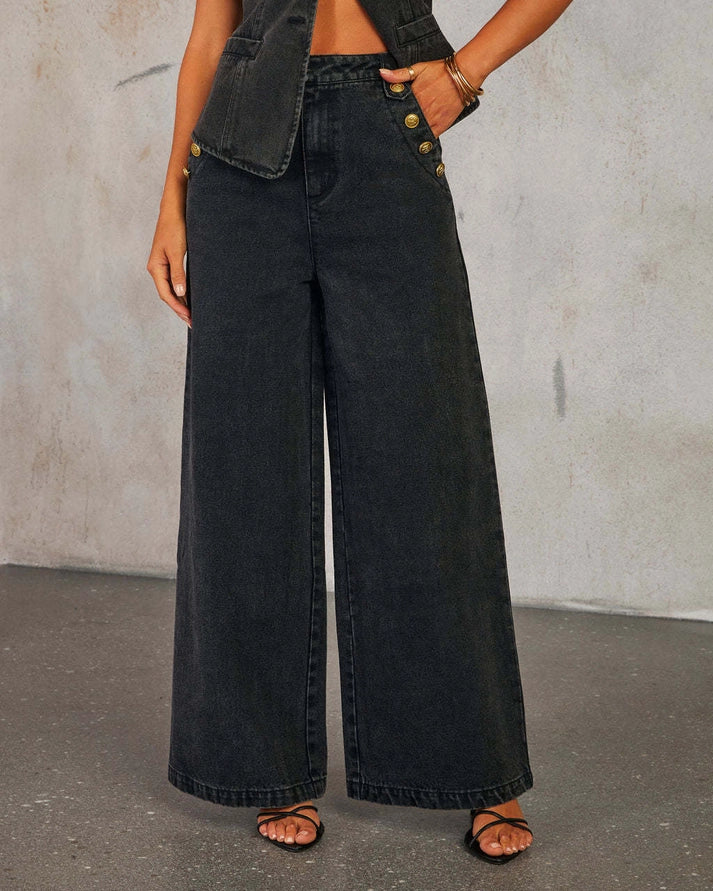 Black Denim Sleeveless Vest & Wide Leg Jeans Set