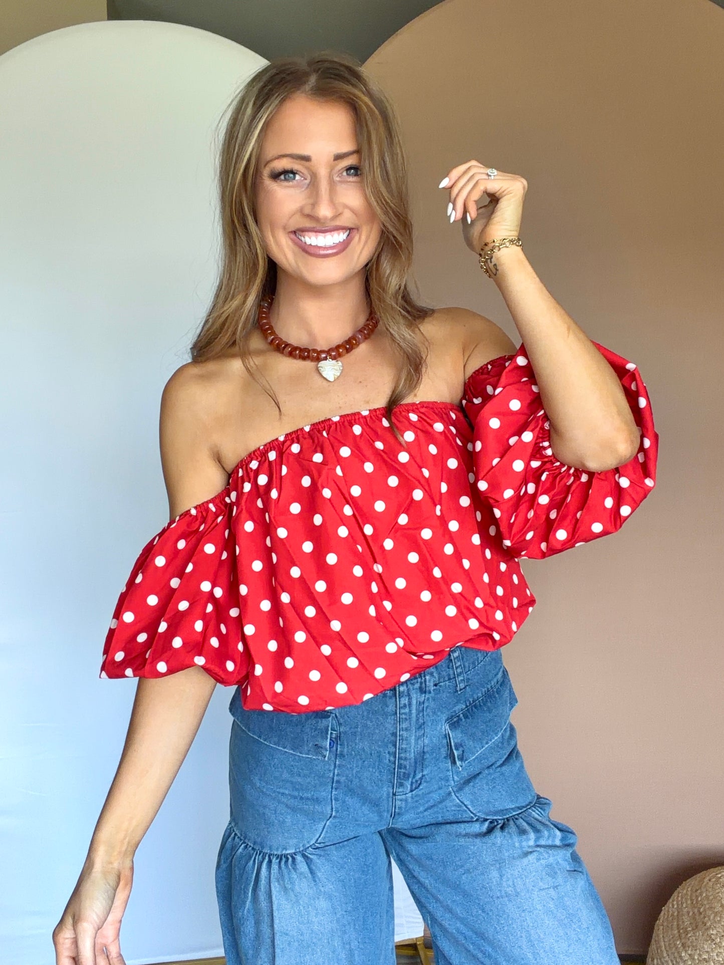 Red Off-Shoulder Polka Dot Top