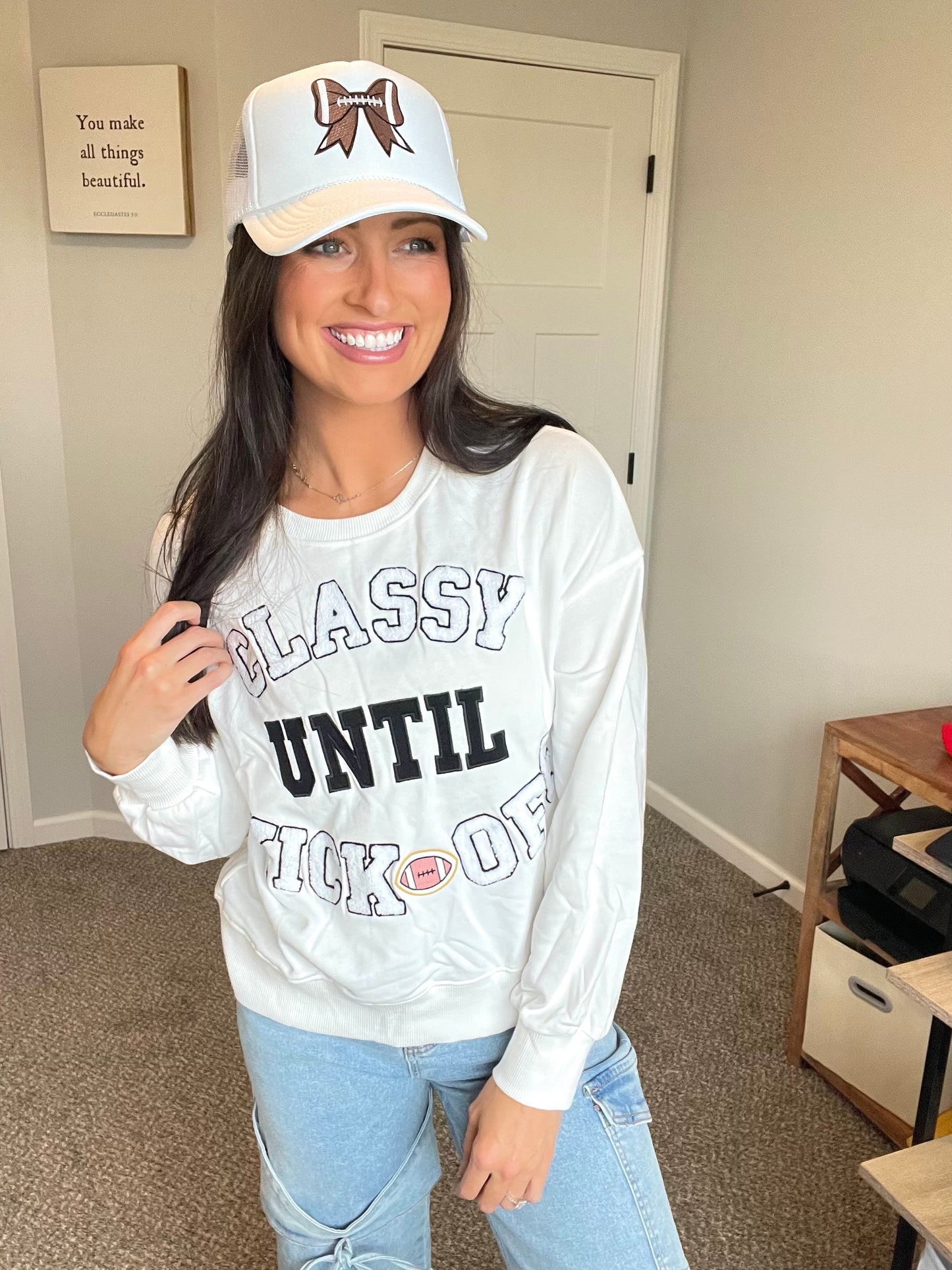Classy Until Kickoff Letter Patched Football Sweatshirt