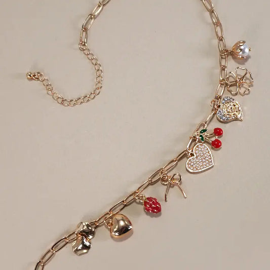Multi Charm Cherry Bow Heart Necklace