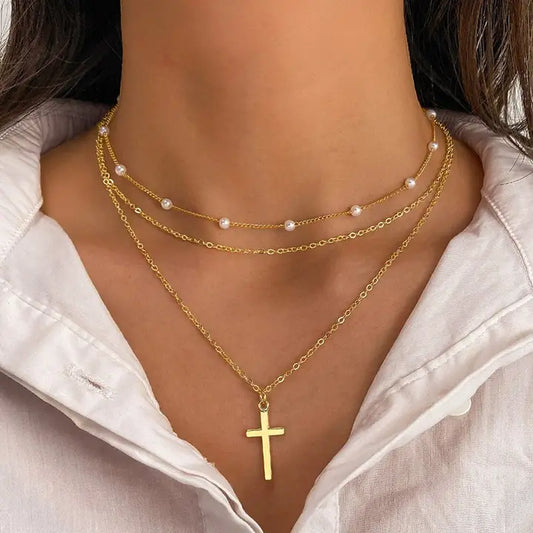 Multi-Layered 18k Stainless Steel Tarnish Free Gold Chain Cross Necklace