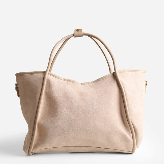 Beige Color Faux Suede Shoulder Tote Bag