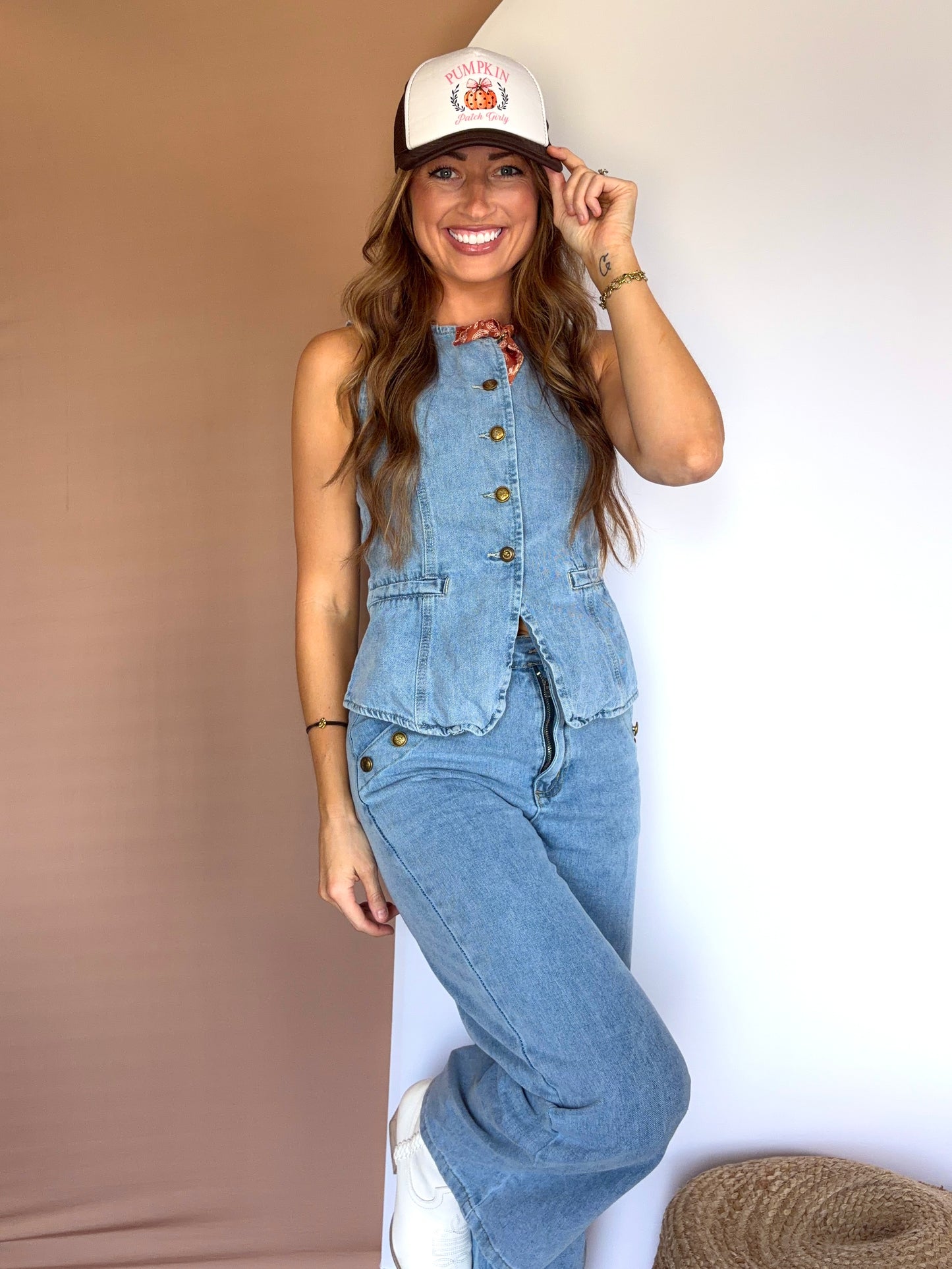 Women's Denim Sleeveless Vest & Wide Leg Jean Set