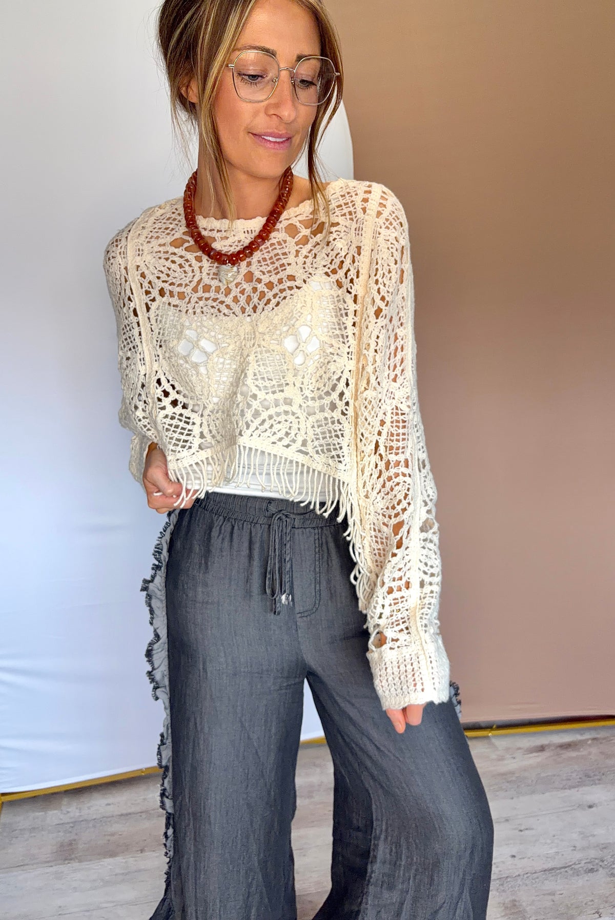 Cropped Beige Open-Knit Top