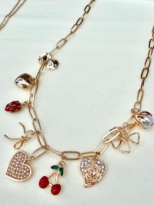 Multi Charm Cherry Bow Heart Necklace