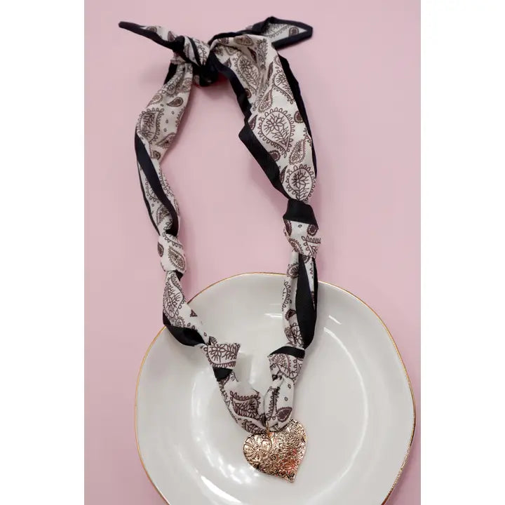 Black & White Heart Charm Scarf Necklace